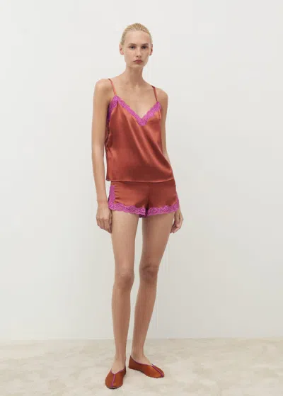 Mango Silk Top With Contrasting Lace Brown In Multi