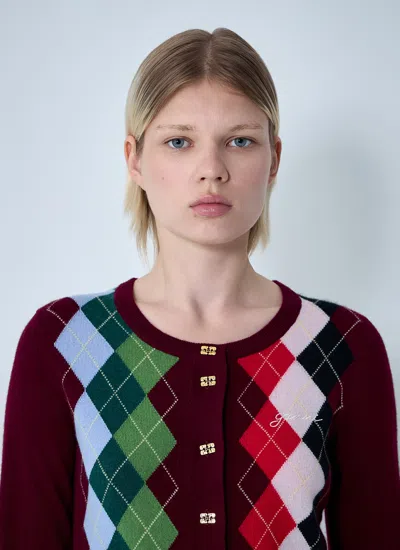 Ganni Multicolor Crewneck Cardigan With Jewel Buttons And Gemetric Motif On The Front In Multi