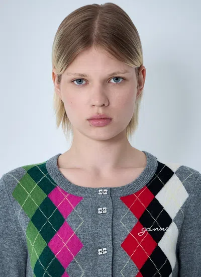 Ganni Cardigan Checkered Argyle Pattern In Gray
