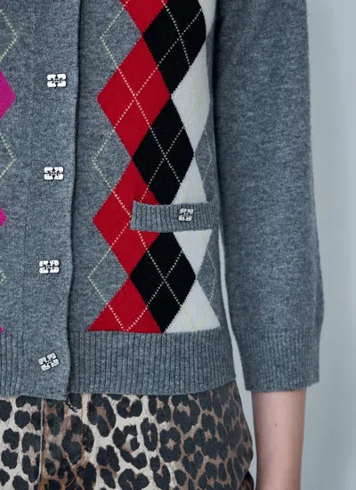 Ganni Cardigan Checkered Argyle Pattern In Gray