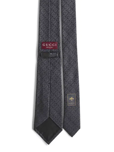 Gucci Men Black Horsebit Silk Jacquard Tie In Blue