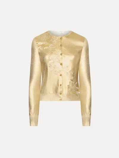 Oscar De La Renta Gold Foil Cherry Blossom Cardigan In Yellow