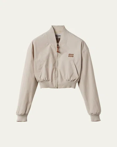 Miu Miu Long-sleeve Crop Zip Bomber Jacket In Neutral