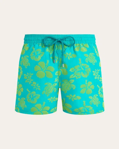 Vilebrequin Ultra-light And Packable Flocked Swim Shorts Tropical Turtle In Green