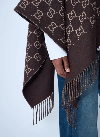 Gucci Women Gg Wool Jacquard Cape In Brown