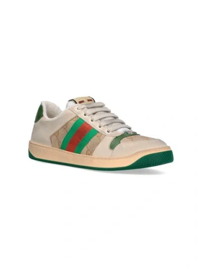 Gucci Screener Embellished Canvas-trimmed Distressed Leather Sneakers In Neutral