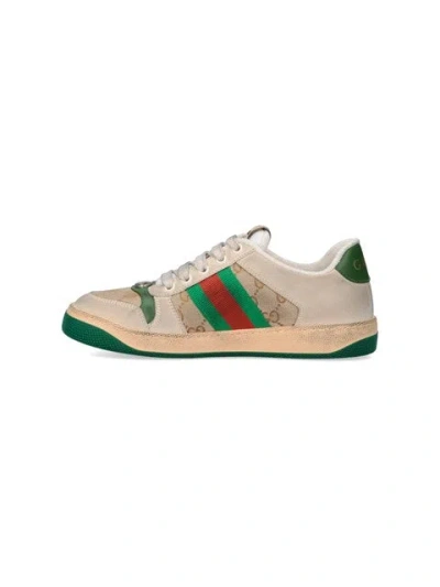 Gucci Screener Embellished Canvas-trimmed Distressed Leather Sneakers In Neutral