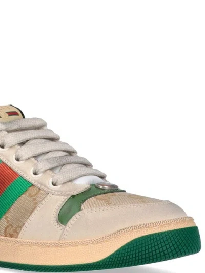 Gucci Screener Embellished Canvas-trimmed Distressed Leather Sneakers In Neutral