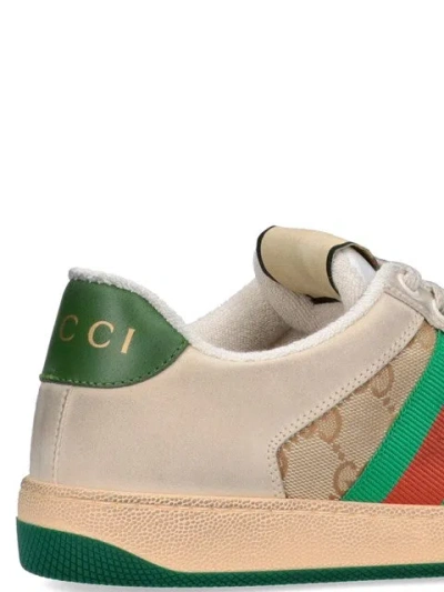 Gucci Screener Embellished Canvas-trimmed Distressed Leather Sneakers In Neutral