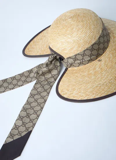 Gucci Women Straw Wide Brim Hat With Gg Bow