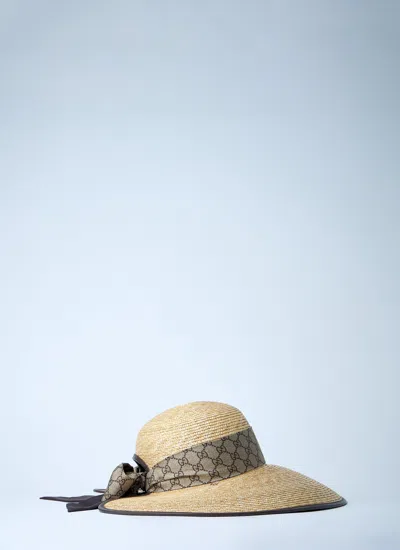 Gucci Women Straw Wide Brim Hat With Gg Bow