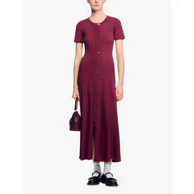 Sandro Womens Bordeaux Round-neck Button-down Stretch-knit Maxi Dress