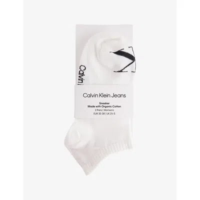 Calvin Klein Womens White Sneaker Brand-print Pack Of Two Stretch-cotton Blend Socks Eur 35-38/2-5 Uk
