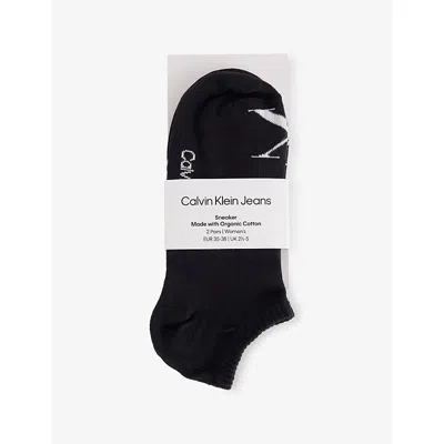 Calvin Klein Womens Black Sneaker Brand-print Pack Of Two Stretch-cotton Blend Socks Eur 39-42/6-9 Uk