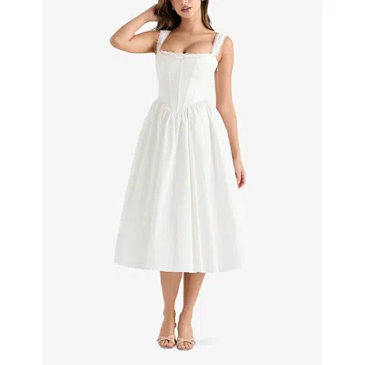 House Of Cb Womens White Amara Floral-print Lace-embroidered Stretch-cotton Midi Dress