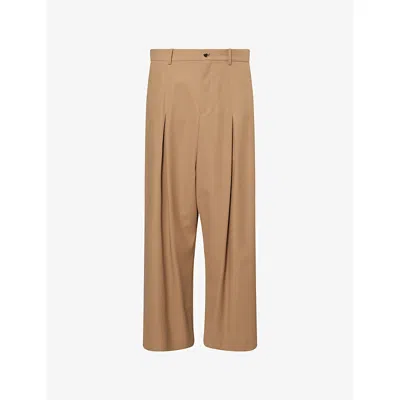 Loewe Mens Beige Pleated Wide-leg Cotton-poplin Trousers In Brown