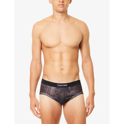 Tom Ford Mens Brown / Black Branded-waistband Graphic Cotton-jersey Briefs