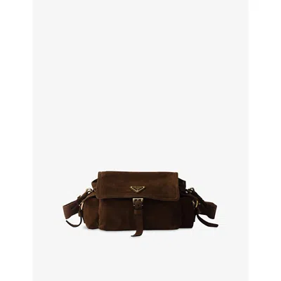 Prada Womens Brown Explore Medium Suede Shoulder Bag