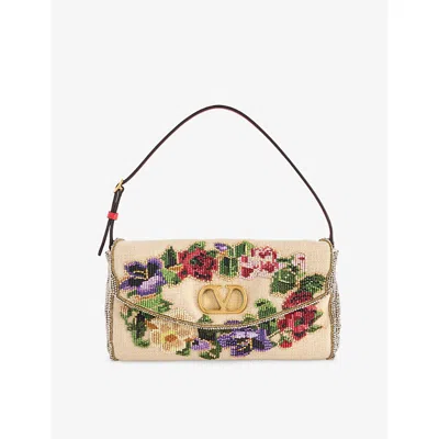 Valentino Womens Multi-naturale/rouge Vain Linen Shoulder Bag