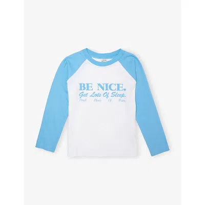 Sporty And Rich White/juniper Be Nice Palms Graphic-print Long-sleeve Cotton Top 2-14 In Blue