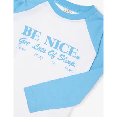 Sporty And Rich White/juniper Be Nice Palms Graphic-print Long-sleeve Cotton Top 2-14 In Blue