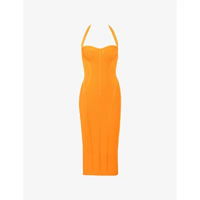 House Of Cb Womens Orange Sherbet The Sculpt Halter-neck Bandage Stretch-woven Midi Dress In Orange