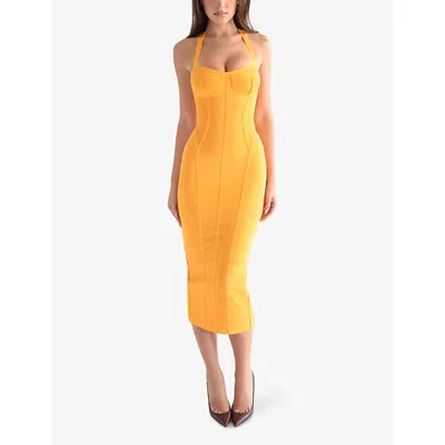 House Of Cb Womens Orange Sherbet The Sculpt Halter-neck Bandage Stretch-woven Midi Dress In Orange