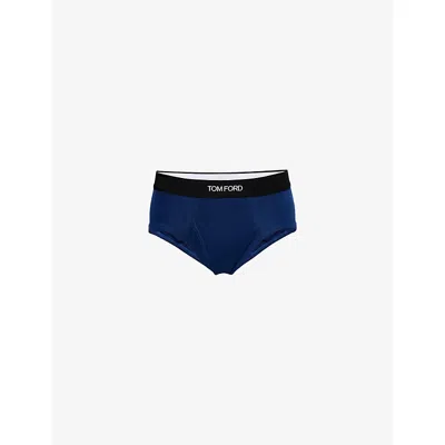 Tom Ford Mens Blue Branded-waistband Cotton-jersey Briefs In Blue
