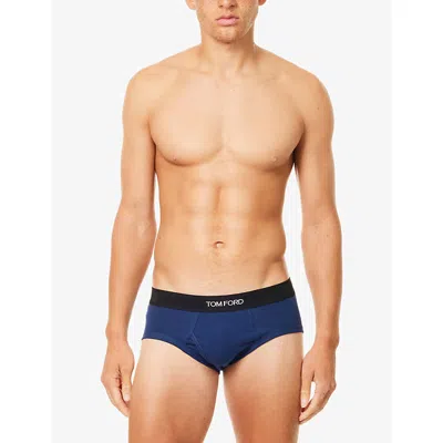 Tom Ford Mens Blue Branded-waistband Cotton-jersey Briefs In Blue