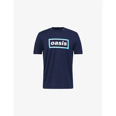 Oasis Mens Navy Box-logo Relaxed-fit Cotton T-shirt Xl