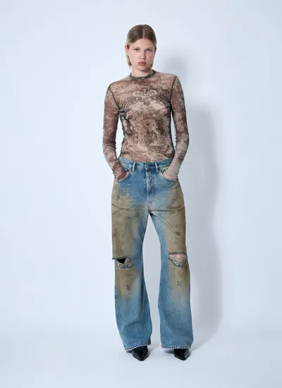Jean Paul Gaultier Mesh Long Sleeves Top Printed Medaillon Woman Multicolor In Brown