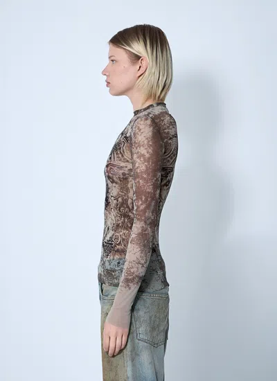 Jean Paul Gaultier Mesh Long Sleeves Top Printed Medaillon Woman Multicolor In Brown