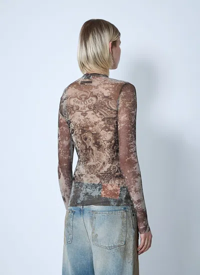 Jean Paul Gaultier Mesh Long Sleeves Top Printed Medaillon Woman Multicolor In Brown