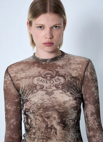 Jean Paul Gaultier Mesh Long Sleeves Top Printed Medaillon Woman Multicolor In Brown