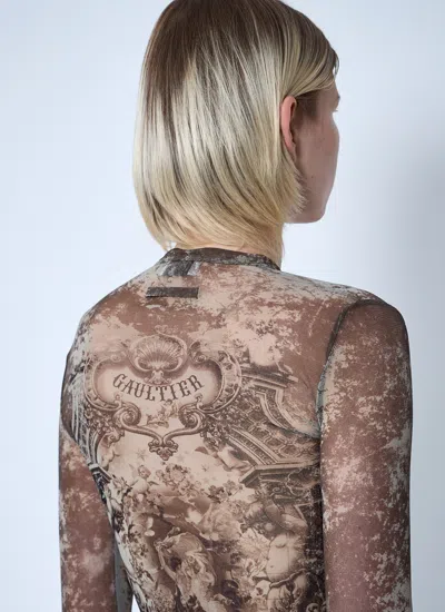 Jean Paul Gaultier Mesh Long Sleeves Top Printed Medaillon Woman Multicolor In Brown