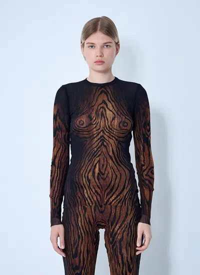 Jean Paul Gaultier Top Long Sleeves Mesh Printed Wood Woman Black And Brown