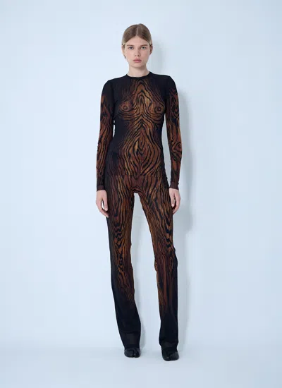 Jean Paul Gaultier Top Long Sleeves Mesh Printed Wood Woman Black And Brown