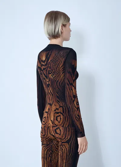 Jean Paul Gaultier Top Long Sleeves Mesh Printed Wood Woman Black And Brown