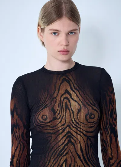 Jean Paul Gaultier Top Long Sleeves Mesh Printed Wood Woman Black And Brown