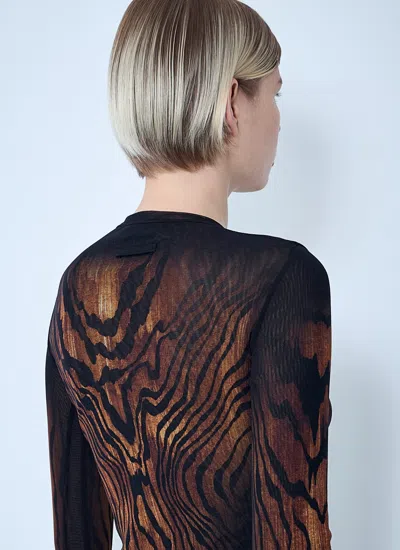 Jean Paul Gaultier Top Long Sleeves Mesh Printed Wood Woman Black And Brown