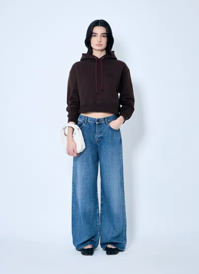 Miu Miu Short Cotton Hoodie With Drawstring And Hood In Brown