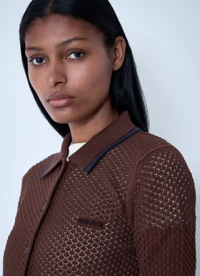 Miu Miu Women Open-knit Cardigan In Brown