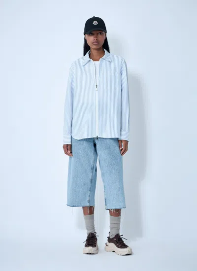 Moncler Women Striped Shirt With Logo Patch In Blue