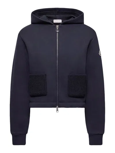 Moncler Cotton Hoodie With Knit Patch Pockets In Purple