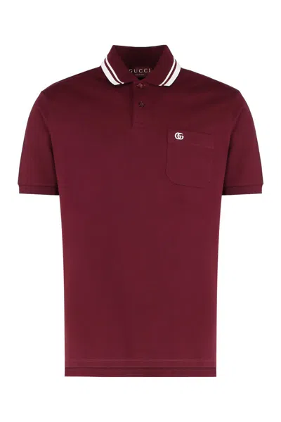 Gucci Bordeaux Polo Shirt With Striped Motif On The Collar And Double G Embroidery On The Front In C In Red