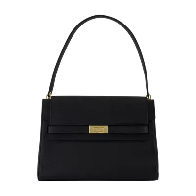Tory Burch Structured Leather Shoulder Bag With Gold-tone Clasp In Black
