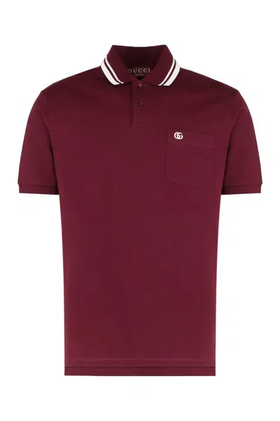 Gucci Bordeaux Polo Shirt With Striped Motif On The Collar And Double G Embroidery On The Front In C In Red