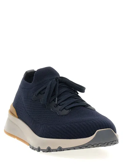 Brunello Cucinelli Leather-trimmed Stretch-knit Sneakers In Blue