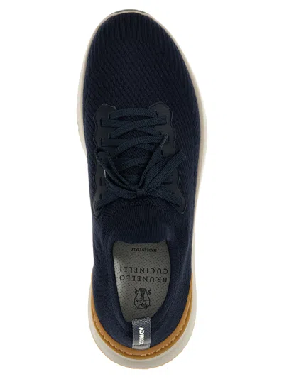 Brunello Cucinelli Leather-trimmed Stretch-knit Sneakers In Blue