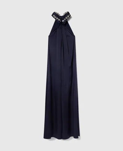 Stella Mccartney Embellished Draped Velvet Halterneck Mini Dress In Blue